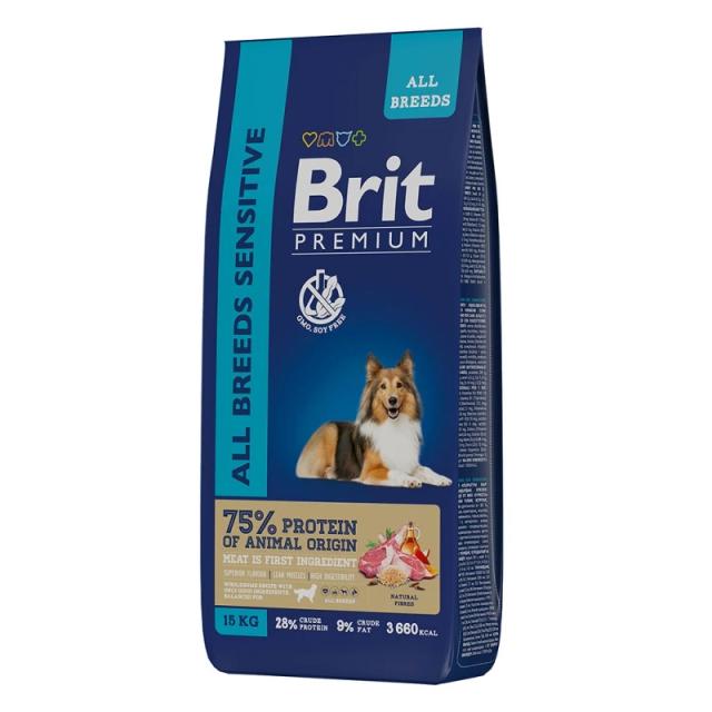 Alimentos Secos Brit Premium para Cães Adultos com Cordeiro para Estômagos Sensíveis, 15 kg