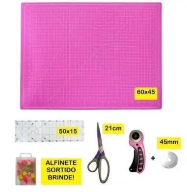 Kit de Corte Dupla Face 60x45 Rosa com Acessórios para Retalhos, Costura e Artesanato