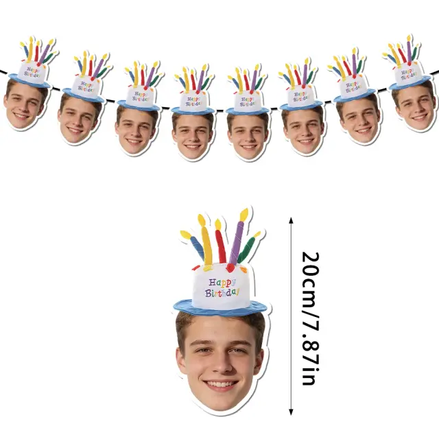 Faixa de Aniversário Personalizada com Foto, Banner de Bandeirolas Chapéu de Aniversário 1 Unidade