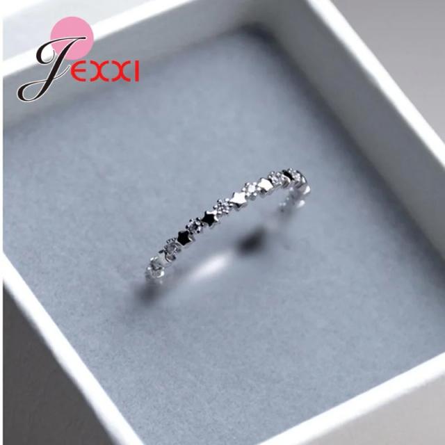 Anel Prata 925 Sólido com Zircônia Transparente Estrelas Delicado Feminino