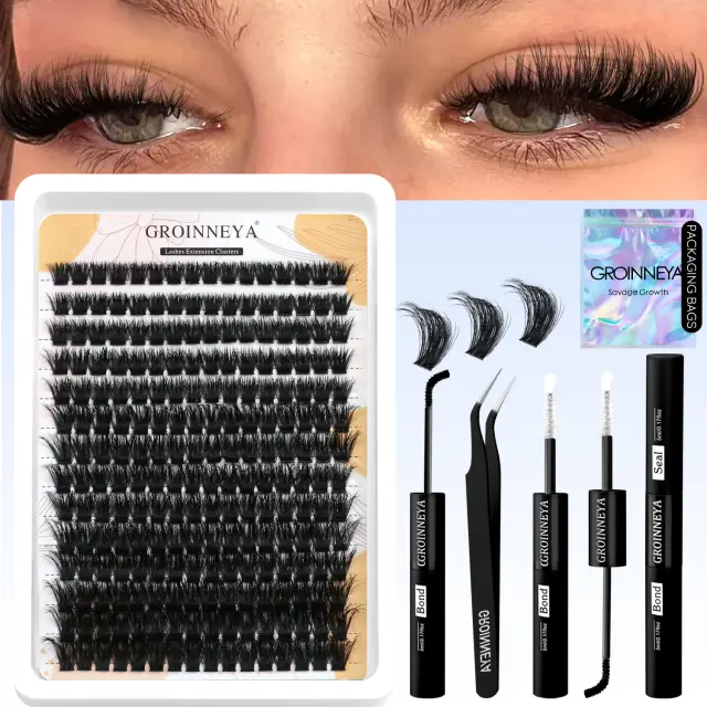 Groinneya Kit de Extensão de Cílios DIY com Retenção Forte à Prova d'Água