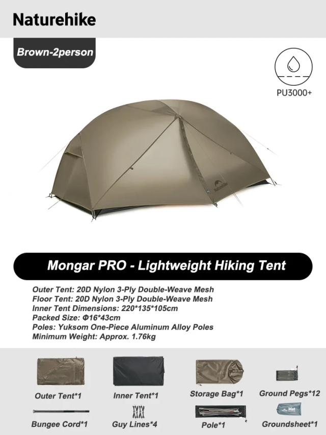 Naturehike Mongar Tenda de Acampamento Ultraleve 2 Pessoas 20D Nylon Impermeável