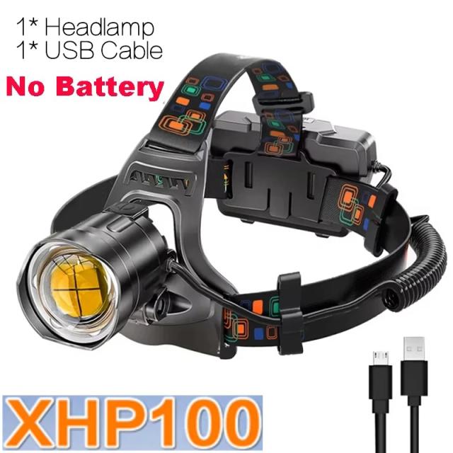 XHP100 Farol LED Zoomable Recarregável USB Alta Potência 18650 Super Brilhante