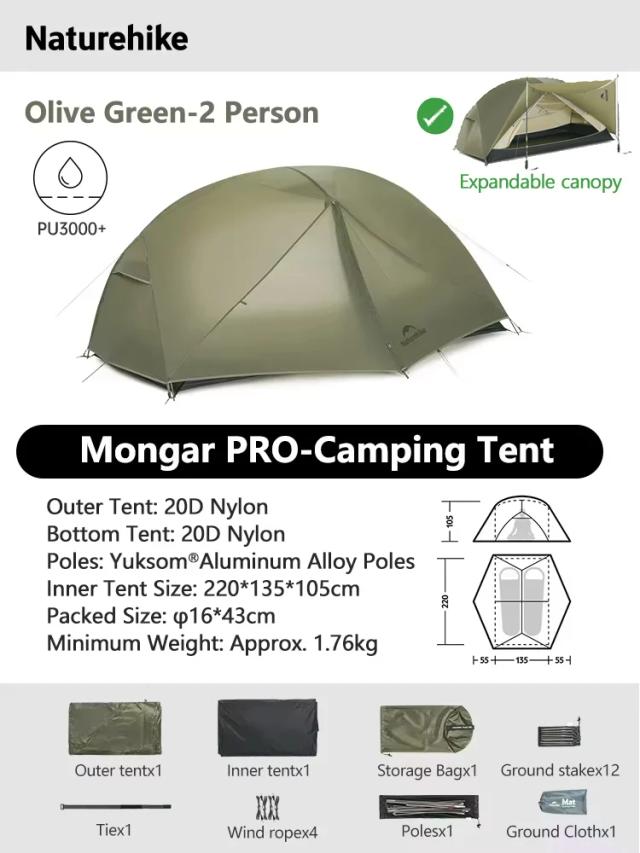 Naturehike Mongar 2 UL/PRO Tenda de Acampamento Ultraleve 1-3 Pessoas 15D à Prova d'Água