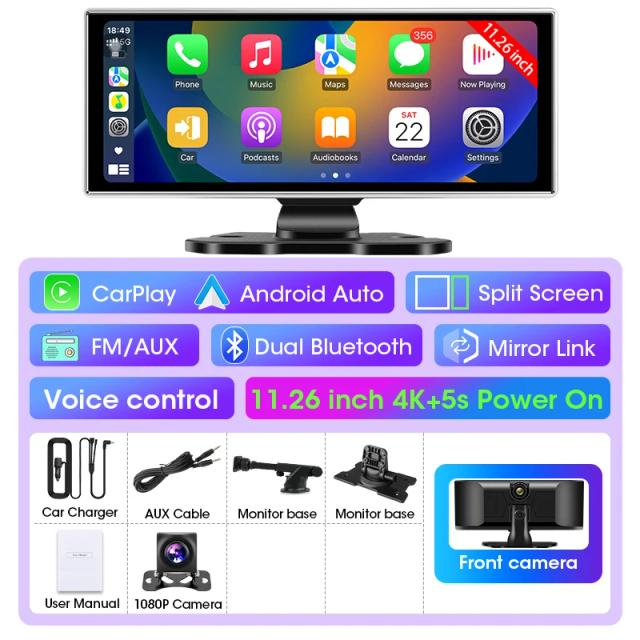Gravador de Vídeo Automotivo 4K com Carplay e Android Auto 11.26 Polegadas