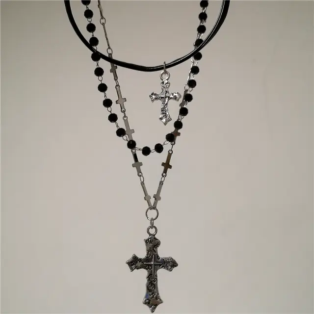 Colar Pingente Cruz Gótico Punk Metal Vintage Multicamadas Grânulo Joia Presente