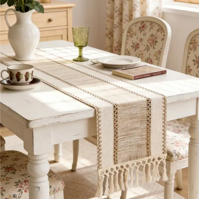 Caminho de Mesa Verde Listrado Estilo Nórdico Boho com Franjas Tecidas à Mão 180cm