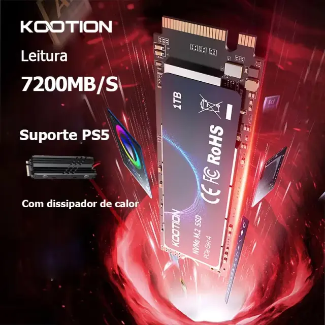 KOOTION M2 NVMe SSD 1TB Gen4 7200 MB/s PCIe4.0x4 M.2 NVMe SSD com dissipador de calor