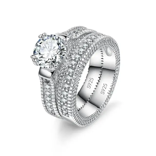 Conjunto de Anéis de Prata 925 Elegante com Zircônia Cúbica Brilhante