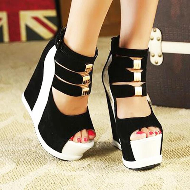 Sandálias plataforma de couro genuíno para mulheres, salto alto 14cm cunhas, cores misturadas, sapatos sexy, novo verão 2021 - Image 1