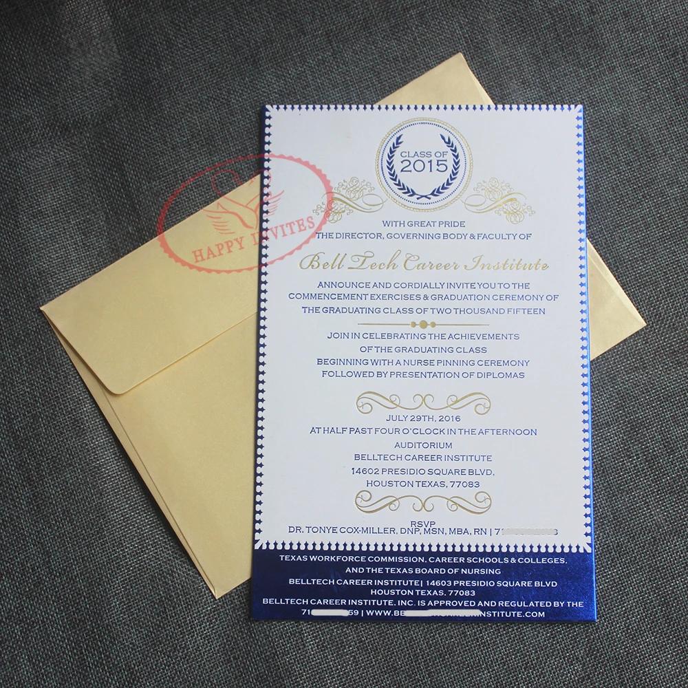 Convite de formatura alta qualidade branco e elegante, cartão de papel de algodão 900gsm, com papel-alumínio azul real e dourado, hi1158, 100 peças - Image 1