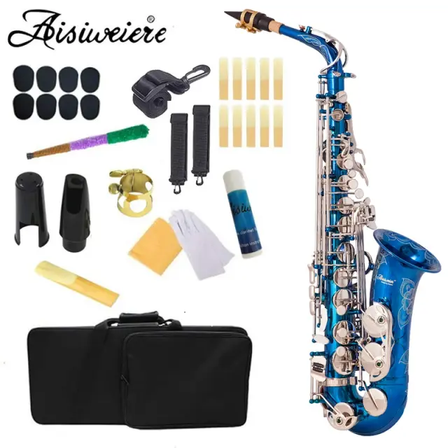 Saxofone Alto Aisiweier de Alto Padrão em Azul e Prateado com Acabamento em Latão - E-Saxofone Tipo Chave 802