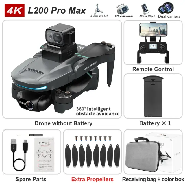 Drone L200 PRO MAX GPS 4K Profissional HD Câmera Dupla Gimbal 2 Eixos 5KM