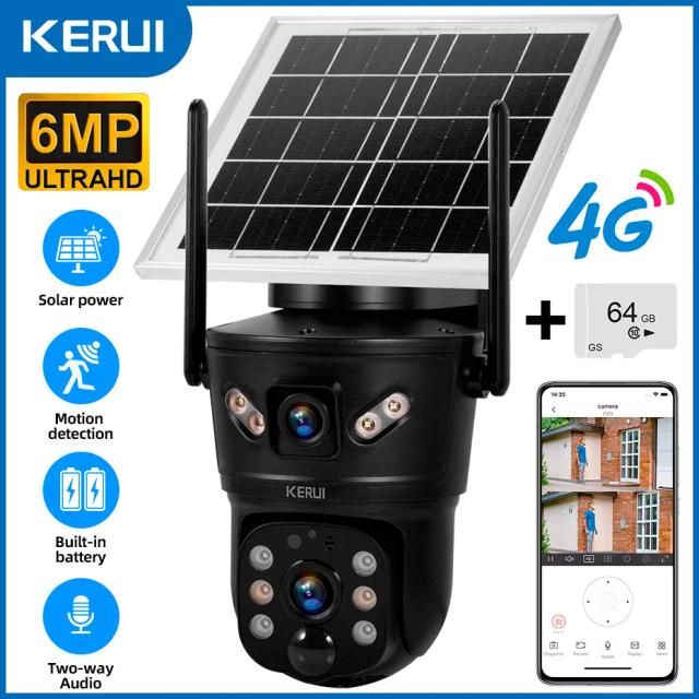 Kerui Câmera Solar 6MP 4G/WiFi Lente Dupla à Prova d'Água