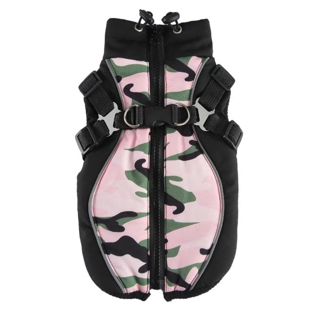 Casacos de Inverno Quentes e à Prova de Vento para Cães com Arnês e Zíper em Estampa Camo