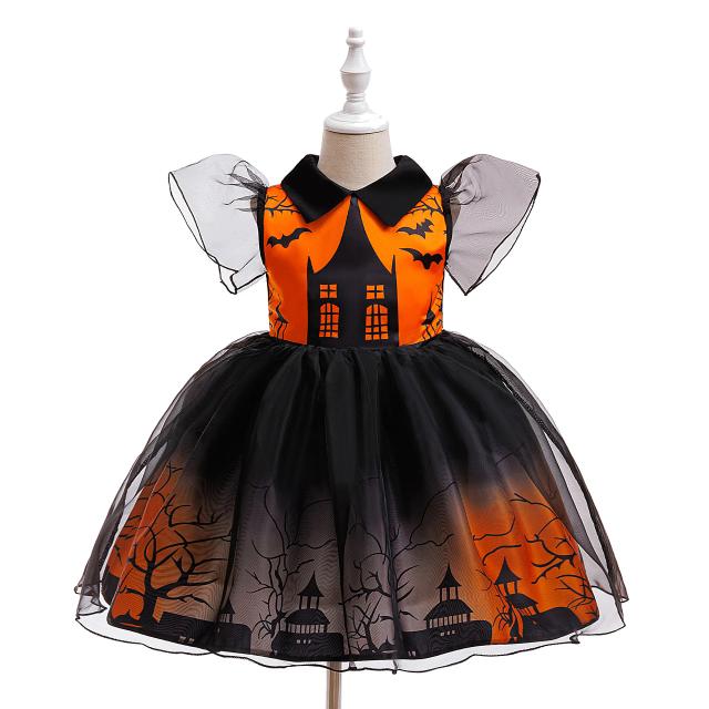 Vestido de Halloween Infantil Luxo 4-8 Anos Estampa Temática