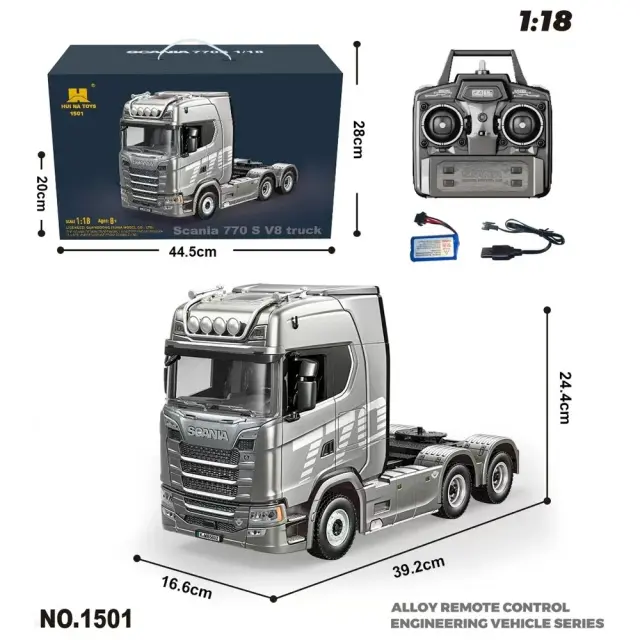 Huina 1/18 Caminhão Trator 1501 770S Scania Liga Controle Remoto 2.4G com Luz e Som