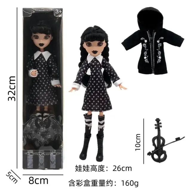 Boneca Quarta-Feira Adams Gótica Vestido Preto 26cm PVC PVC
