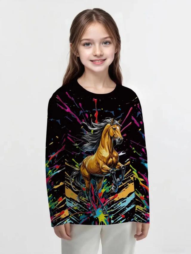 Handsome-Bear Camiseta Infantil Manga Longa Cavalo Estampa Outono Casual Elegante