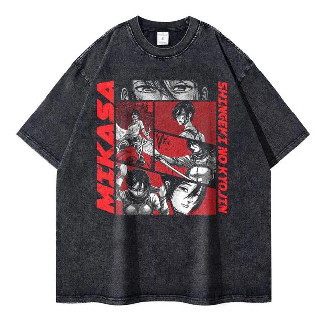 Camiseta Oversized Vintage Lavada Attack on Titan Feminina Manga Curta Verão Harajuku Casual Top