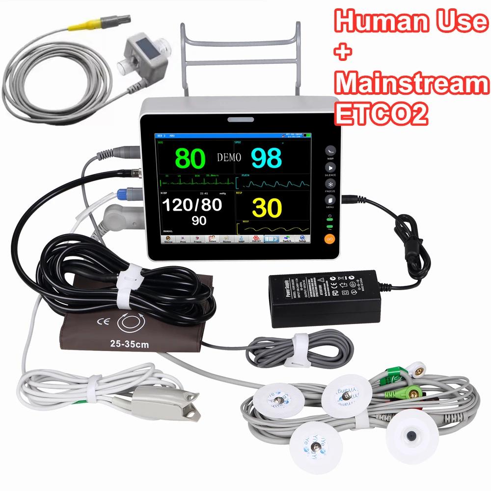 Etco2 8 "monitor de paciente de sinal vital animal humano veterinário portátil 6 parâmetros ecg nibp resp spo2 pr temp - Image 1