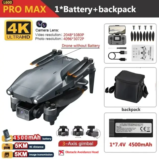 Drone L600 PRO MAX 4K Profissional HD Gimbal 3 Eixos Alcance 5KM Evitação Obstáculos