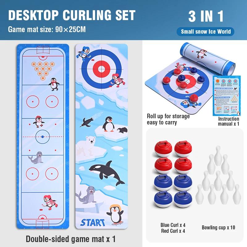 Jogo de curling de mesa 5 em 1, diversão para a família, jogos de tabuleiro de hóquei no gelo para crianças e adultos com rolos, shuffleboard, puck, tapete de jogo de natal - Image 1