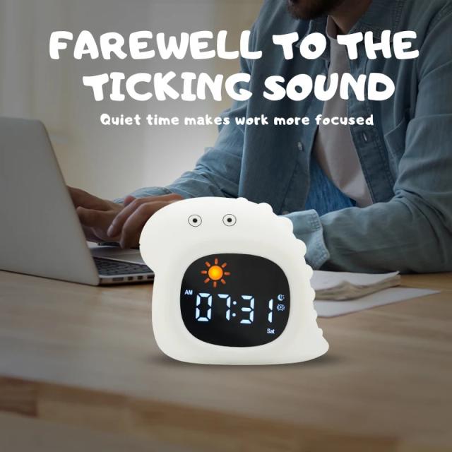 Relógio Despertador Gato Bebê Luz Noturna Musical LED para Treinamento de Sono Infantil