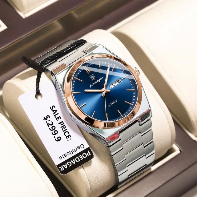 Poedagar Relógio Masculino Luxo Aço Inoxidável Quartzo Casual Moda Luminoso Data Semana À Prova D'água