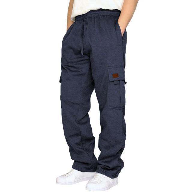 Calça de Lã Masculina Forrada Casual Esportiva com Detalhe de Couro e Bolsos