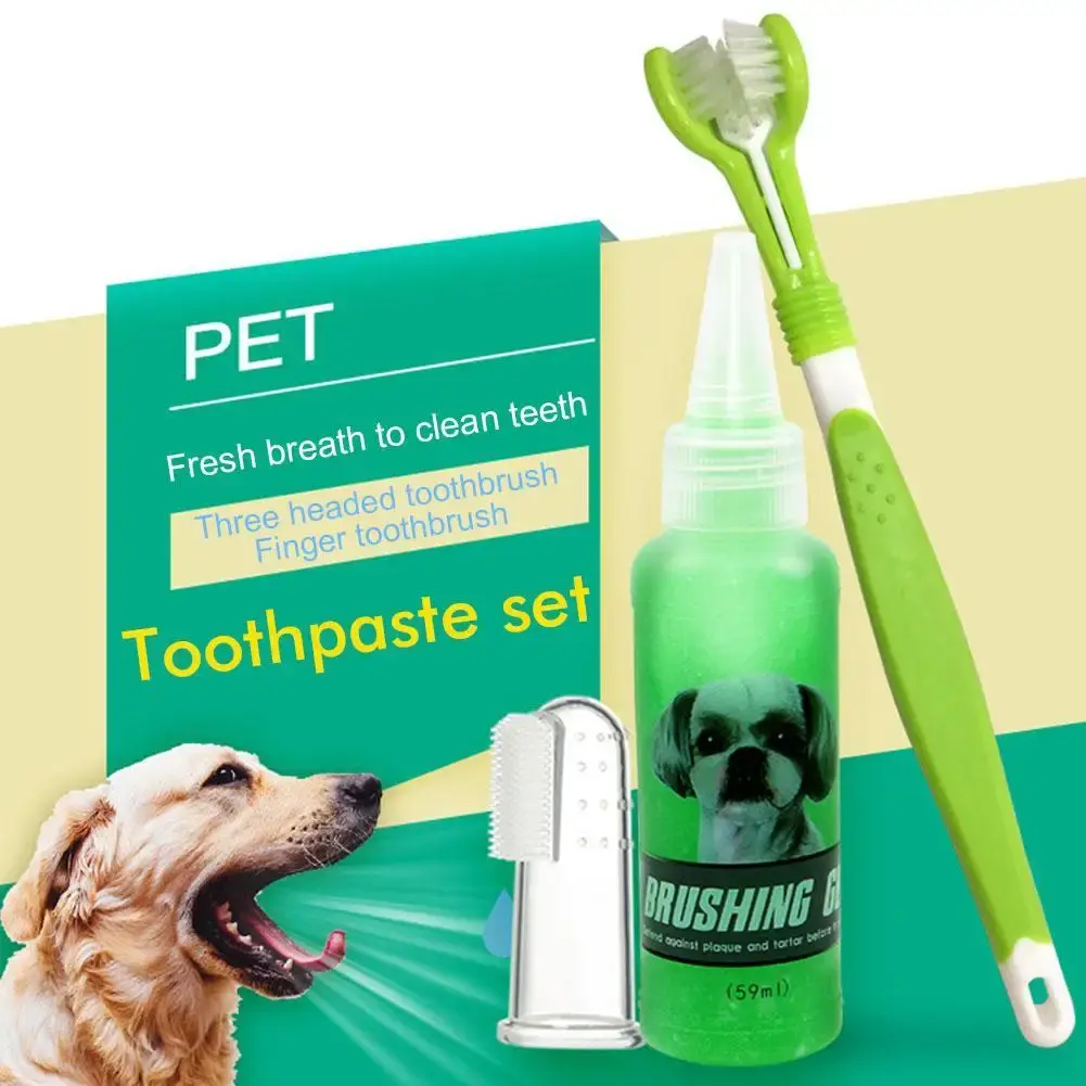 Pet Escova e Creme Dental Set, Gel Creme Dental, Silicone Dedo Toothbrush, Professional Dental Floss, limpeza dos dentes - Image 1