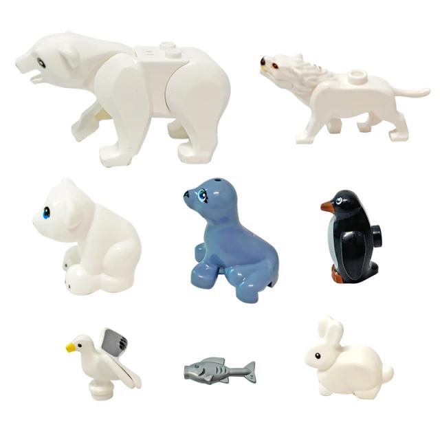 Mini Blocos de Construção Animais Polares 8 Peças Urso Polar, Lobo, Foca, Gaivota, Coelho, Pinguim