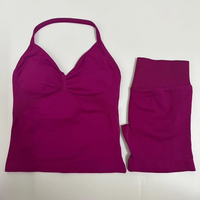 Yogaginym Conjunto Feminino Regata Cropped e Shorts Cintura Alta Scrunch Sem Costura para Treino e Fitness