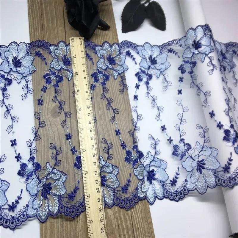 Azul floral bordado malha rendas guarnição diy artesanato acessórios vestido tecido azul flor bordado rendas para roupas agulha trabalho - Image 1