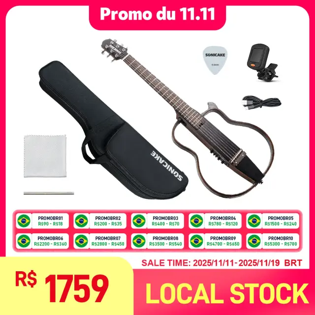 Sonicake Guitarra de Viagem Silenciosa Acústica Elétrica Corpo Sólido Mogno
