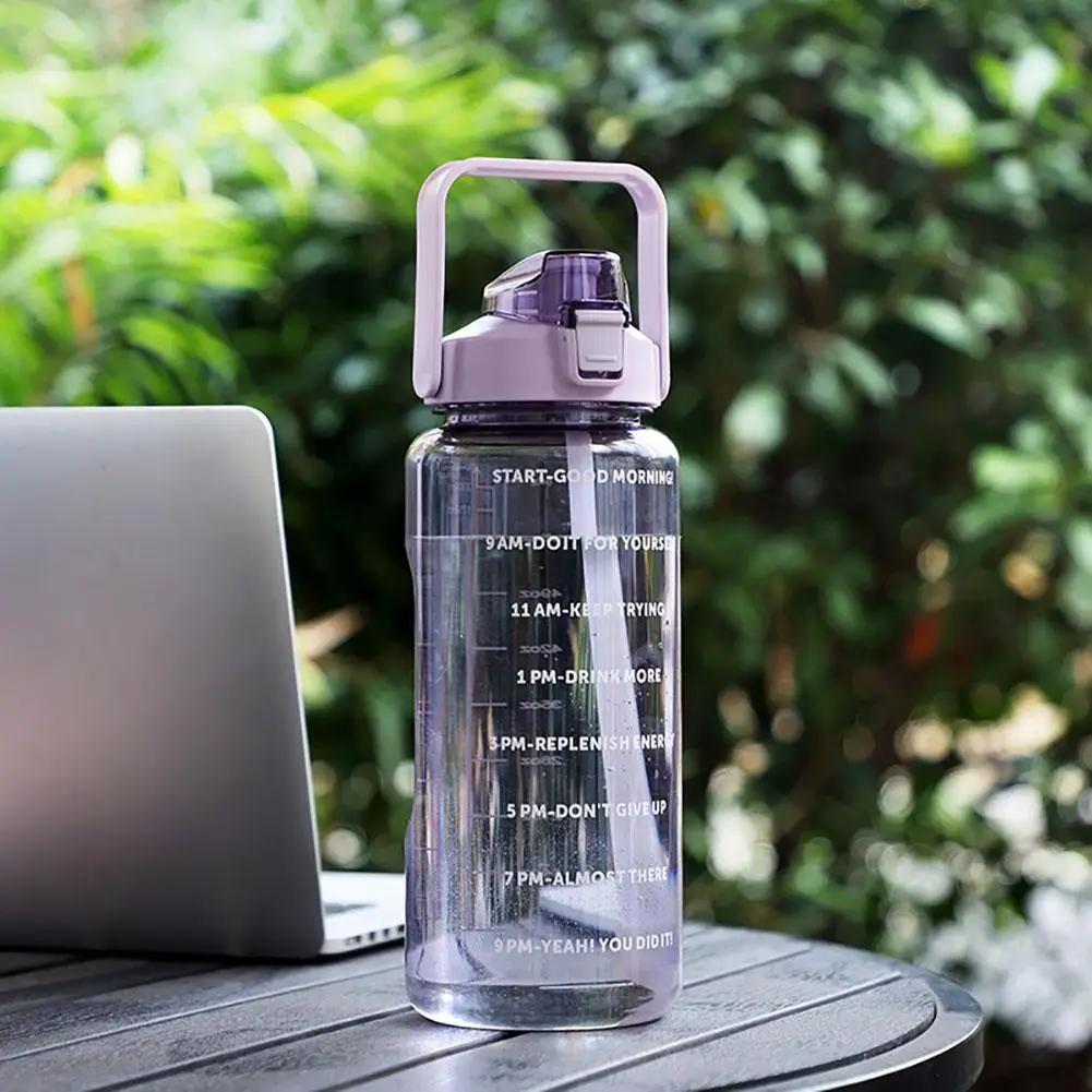 2 Litros Esportes Garrafa De Água Com Palha Homens Mulheres Fitness Garrafas De Água Fria Ao Ar Livre Bottlesc Com Time Marker Drinkware - Image 1