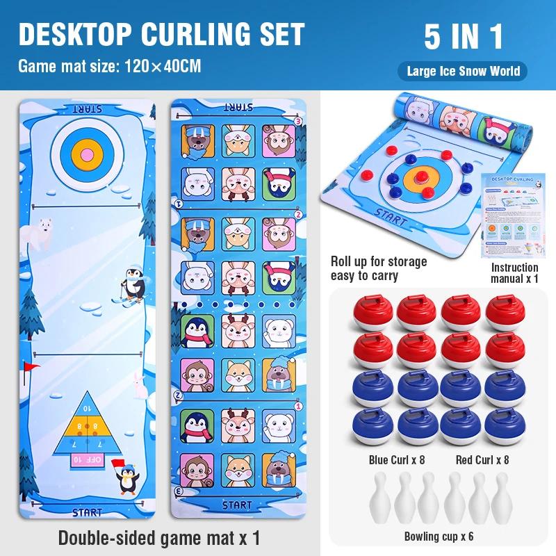 Jogo de curling de mesa 5 em 1, diversão para a família, jogos de tabuleiro de hóquei no gelo para crianças e adultos com rolos, shuffleboard, puck, tapete de jogo de natal - Image 1