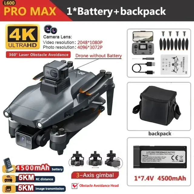 L600 PRO MAX Drone 4K Gimbal 3 Eixos GPS Profissional 3000m