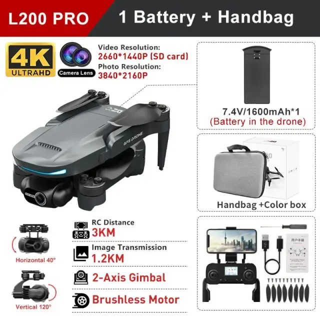 L200 PRO MAX Drone GPS 4K 2 Eixos Gimbal 360 Evitar Obstáculos Brushless RC