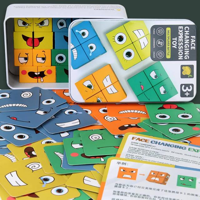 Blocos de Construção de Madeira Expressão Facial para Crianças - Jogo Educativo Montessori