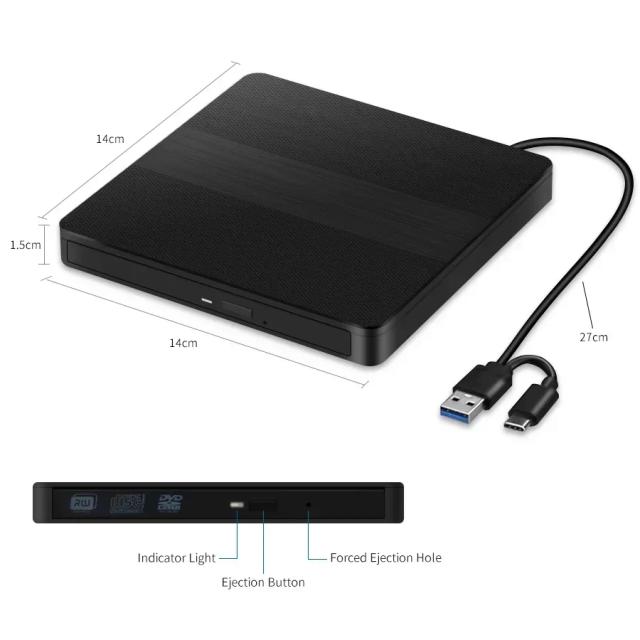 Unidade Óptica Externa USB 3.0 Tipo-C Leitor DVD RW CD Gravador para Notebook e Desktop