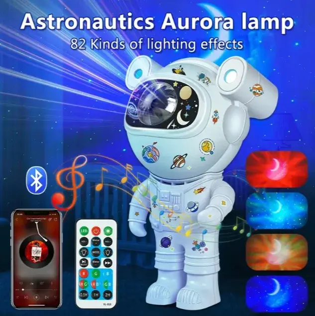 Projetor de Luz Noturna Astronauta Aurora LED Bluetooth Música 19cm