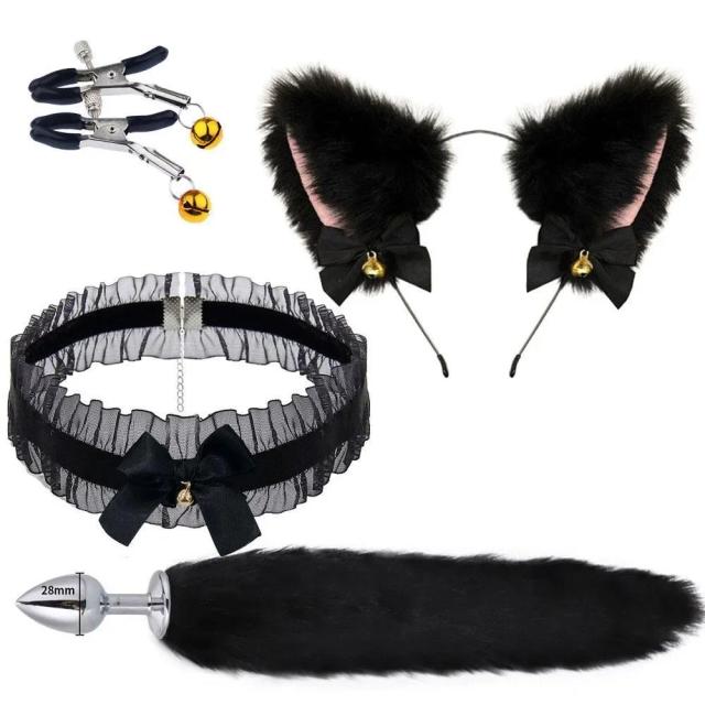 Bonito raposa cauda anal plug arco-nó macio orelhas de gato headbands colar erótico cosplay sm brinquedos sexuais para o sexo feminino masculino
