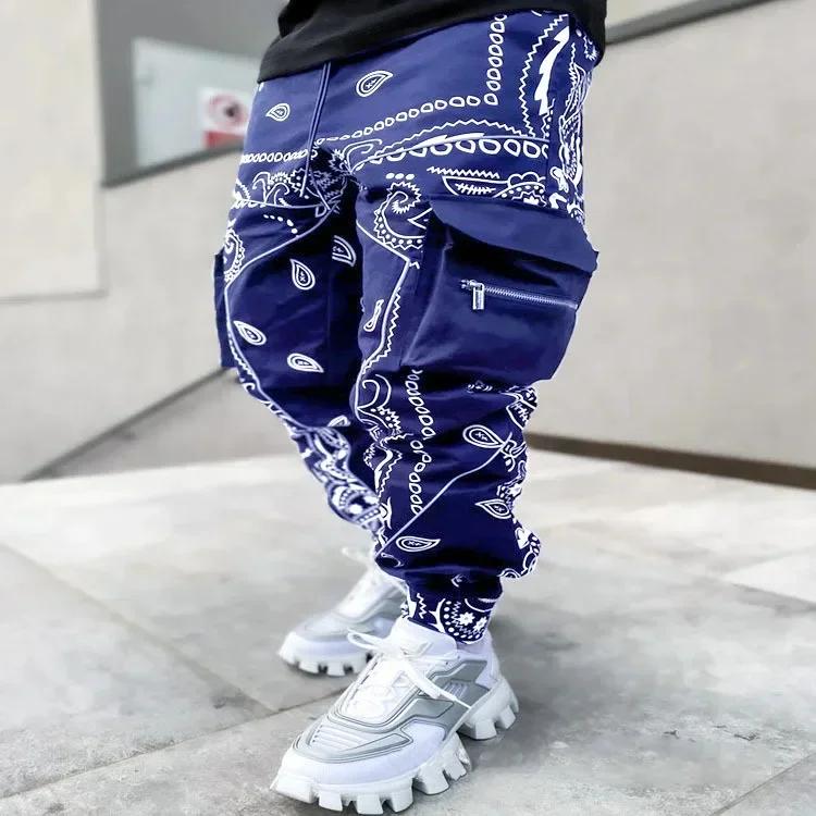 Calças masculinas com estampa de flor de caju, estilo europeu e americano, macacão de bolso múltiplo solto, pés de homem, novo - Image 1