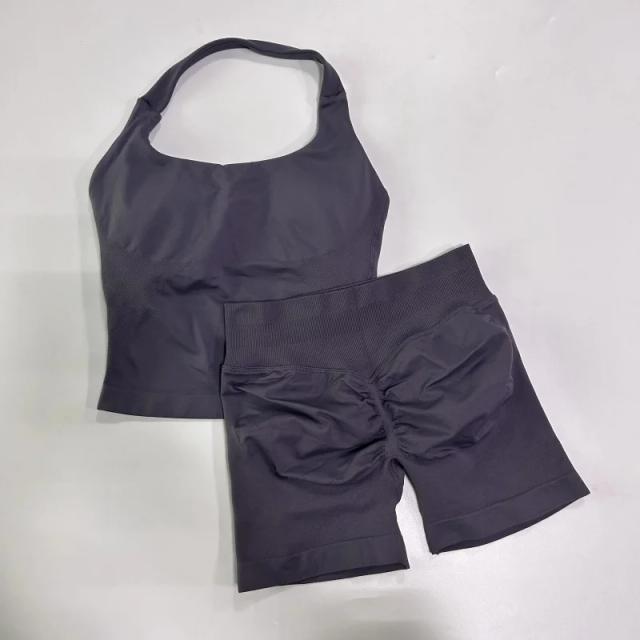 Conjunto de Yoga Feminino Halter com Tiras e Shorts para Ginásio e Treino - Roupa sem Costura
