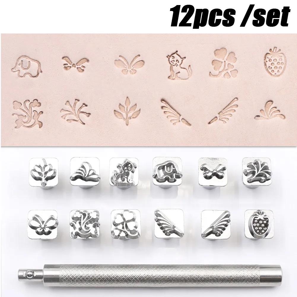 Ferramenta de impressão de couro, selos artesanais, flor, animal, escultura de couro, ferramenta soco, 12pcs set - Image 1