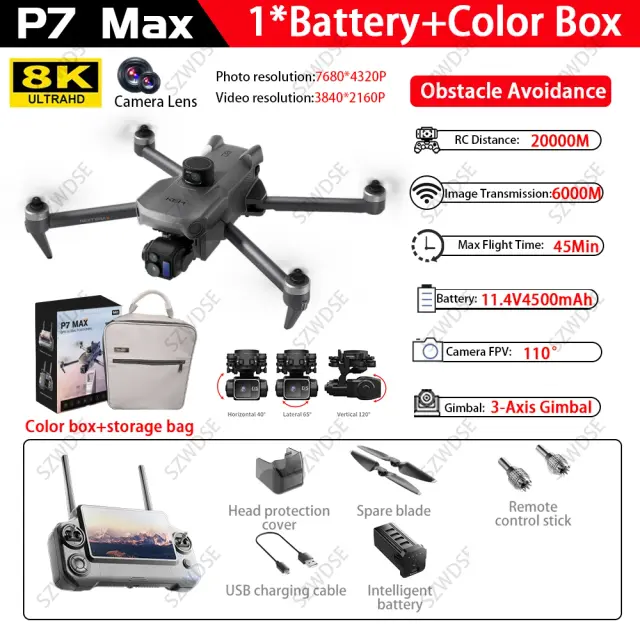 Drone P7 Max Gimbal 3 Eixos 8K 10km Transmissão Digital 5G