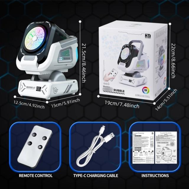 Máquina de Bolhas com Controle Remoto Rotação Automática Luz RGB 1800mAh