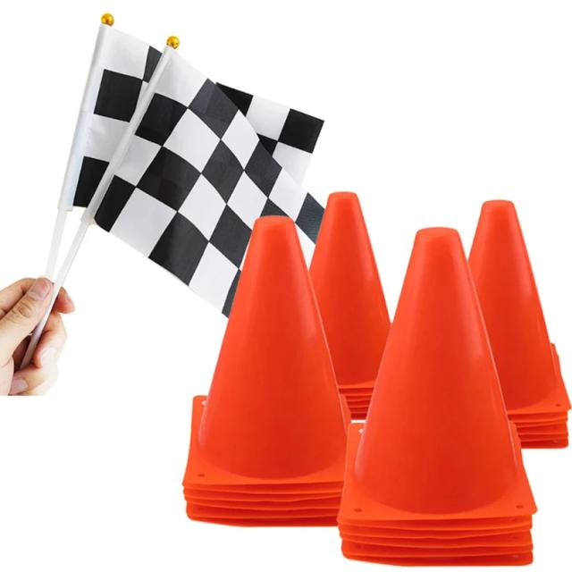 Mini Cones de Trânsito "Corrida Total" 7" e Bandeira Xadrez - Kit Festa Infantil