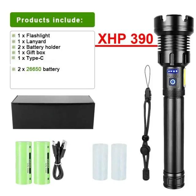 Lanterna LED XHP390 Alta Potência 100.000.000 Lumens Tática Recarregável